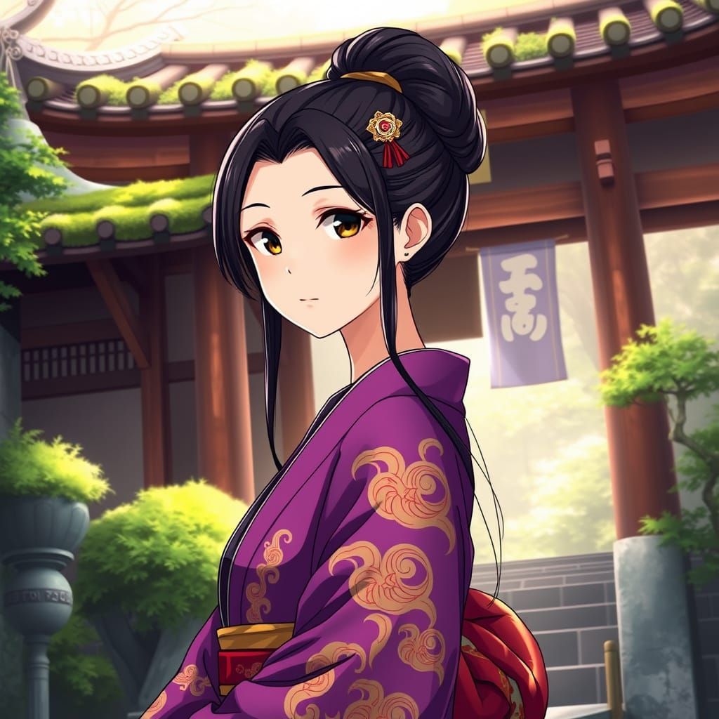 Young Woman in Plum Kimono Standing Before Shinto Shrine