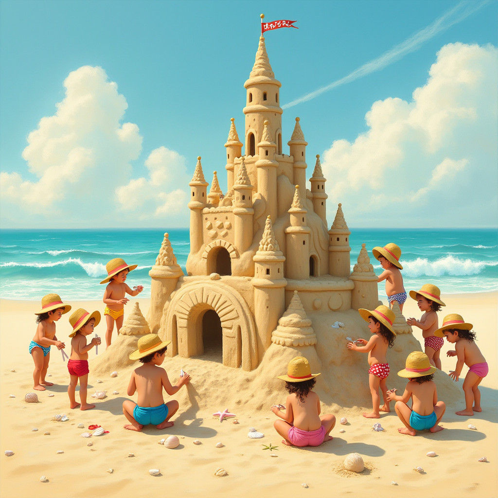 Children Building Sandcastle on Sunny Beach, Impressionistic...