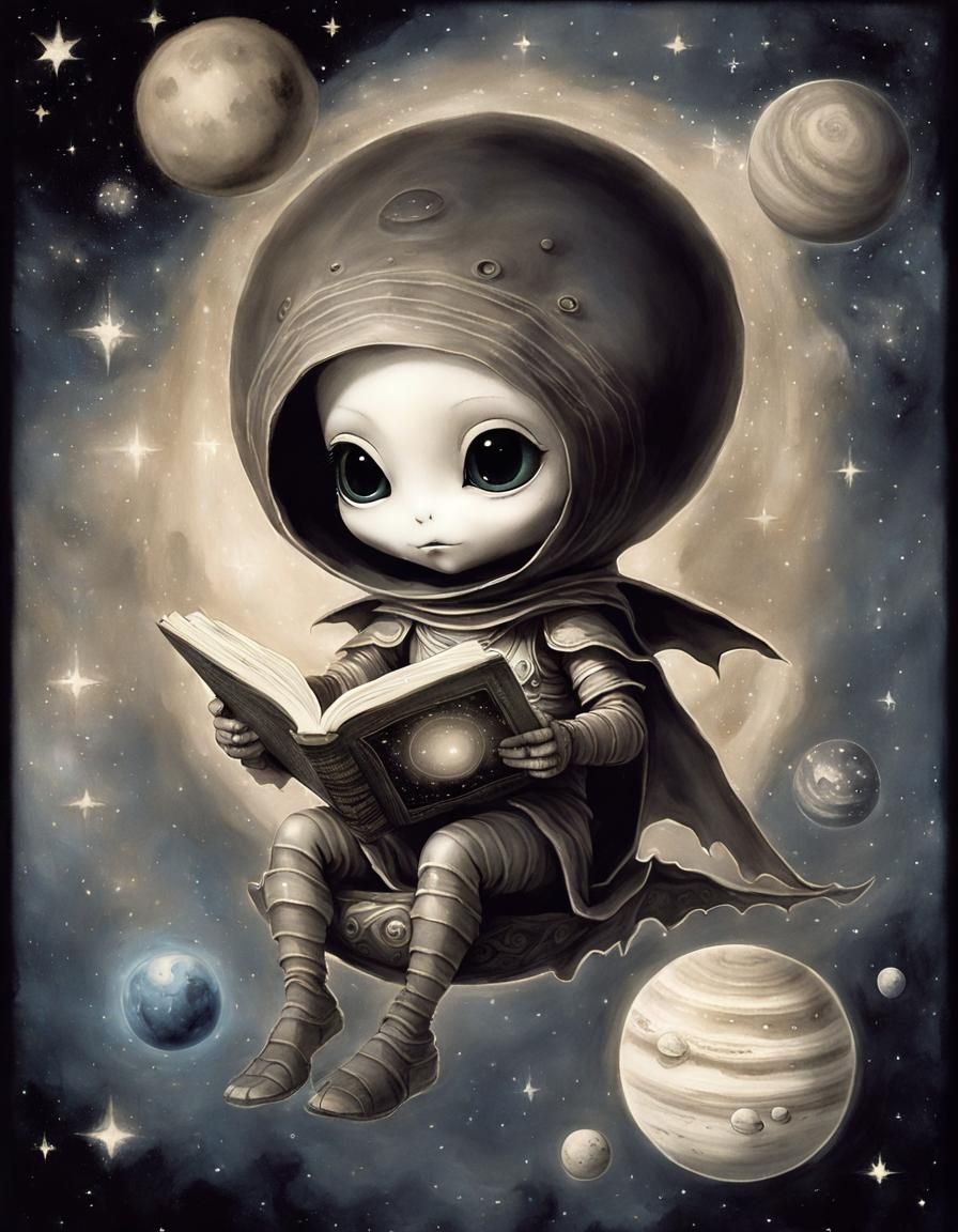 Chibi Alien Reads Book in Watercolor Space