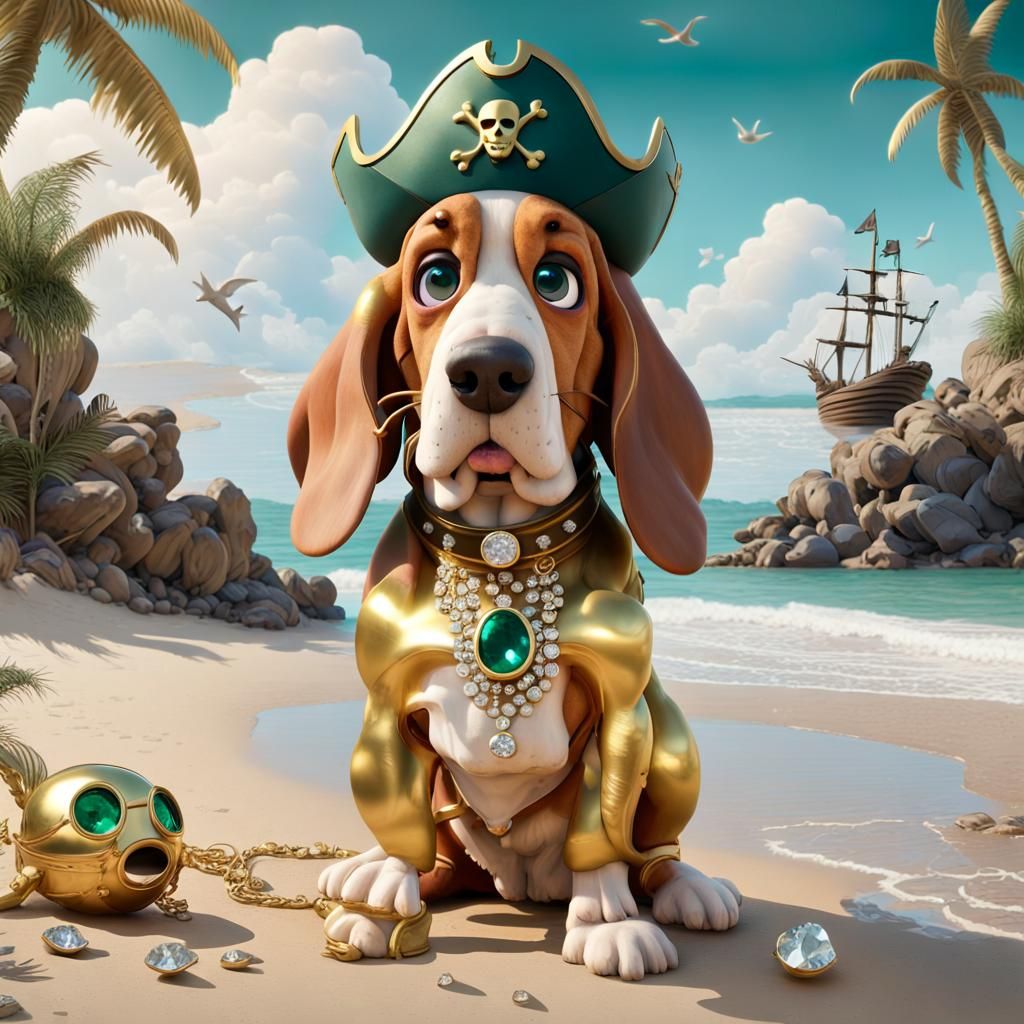 Golden Basset Hound Statue on Tropical Beach