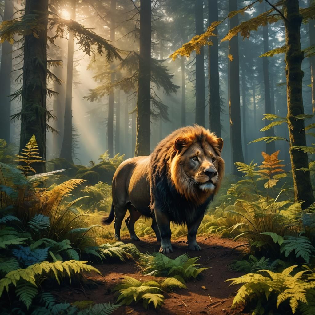 Pig-Lion Creature in Misty Forest: Digital Painting