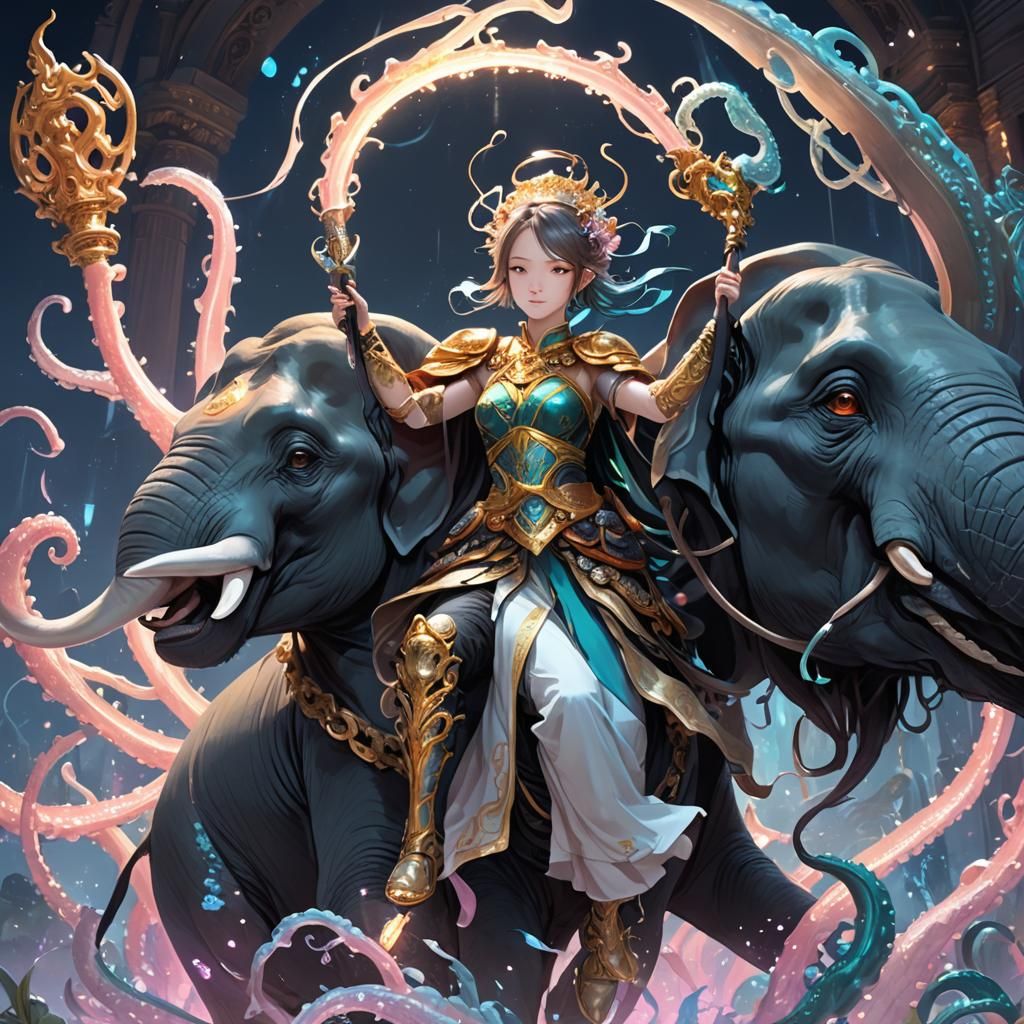 Goddess Rides Bioluminescent Tentacle Elephant in Anime Styl...