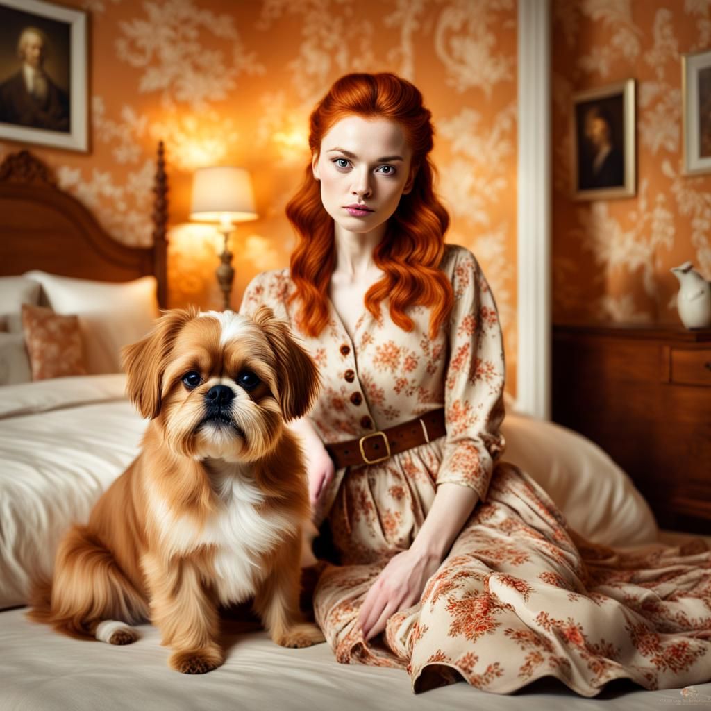 Ginger Girl and Dog in Hyperrealistic Fantasy Bedroom