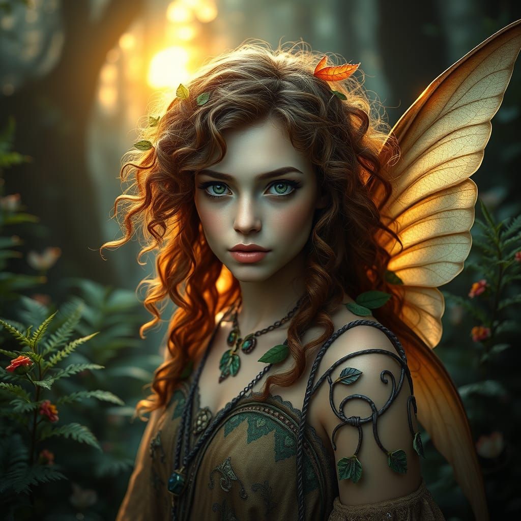 Whimsical Woodland Elf Portrait in Art Nouveau Style