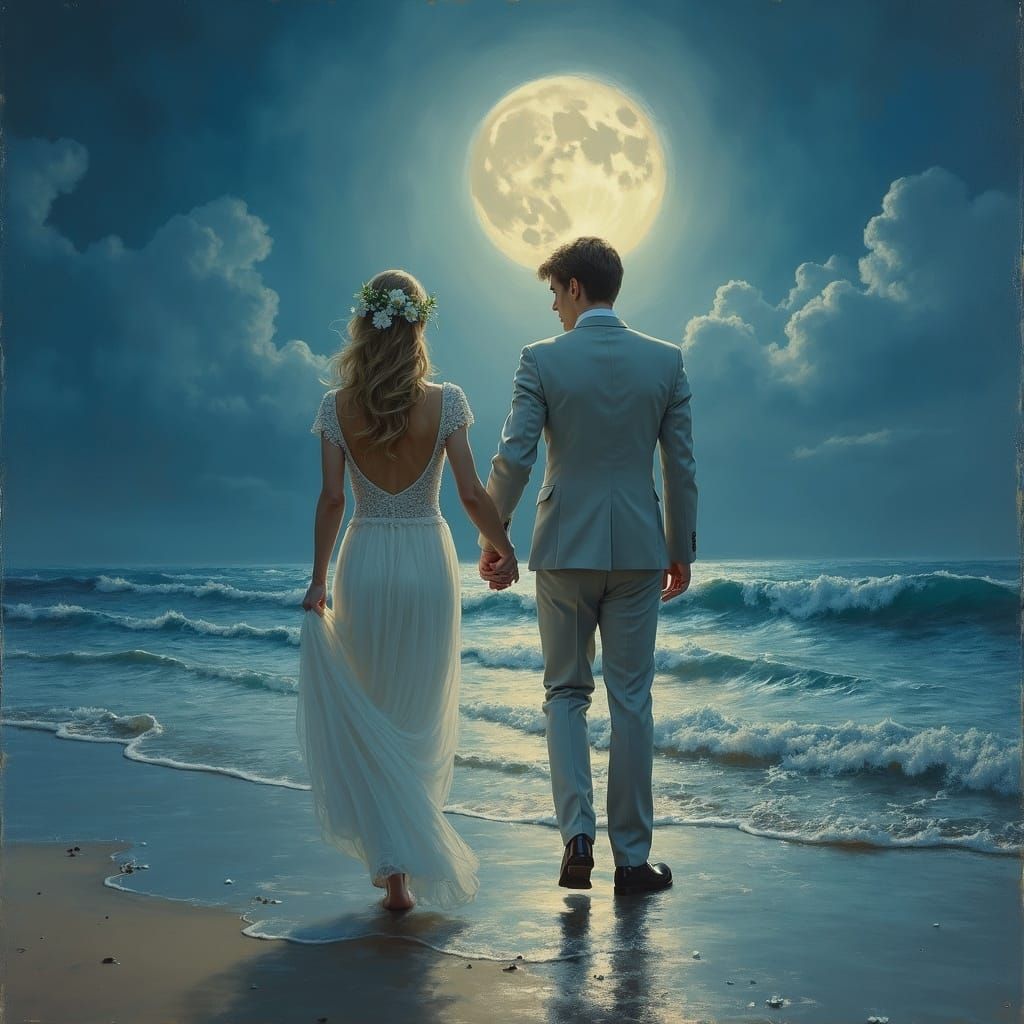Romantic Beach Wedding Under Moonlight Oil Painting