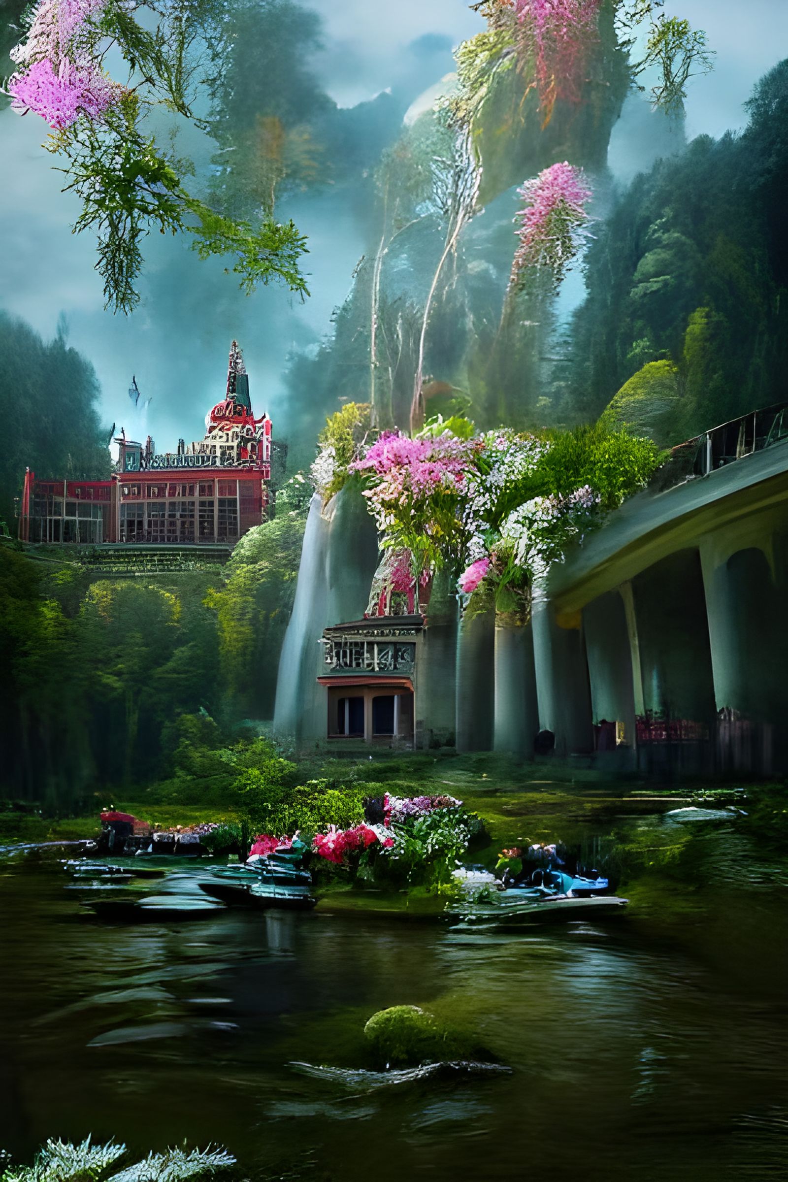 Cyberpunk Palace with River and Forest, 3D Render