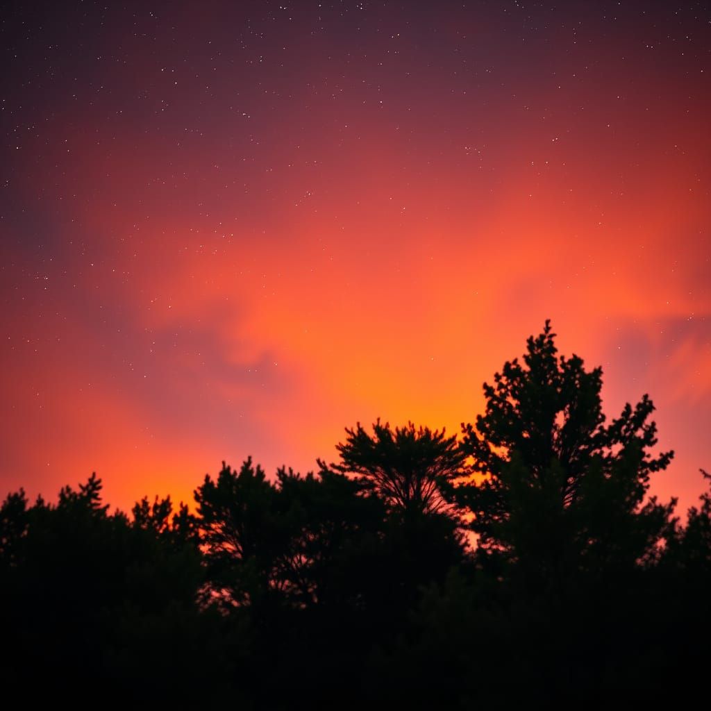 Orange Sunset Meets Night Stars Over Green Trees