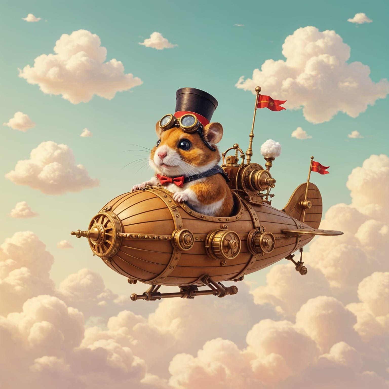 Steampunk Hamster Airship Soaring in Pastel Skies