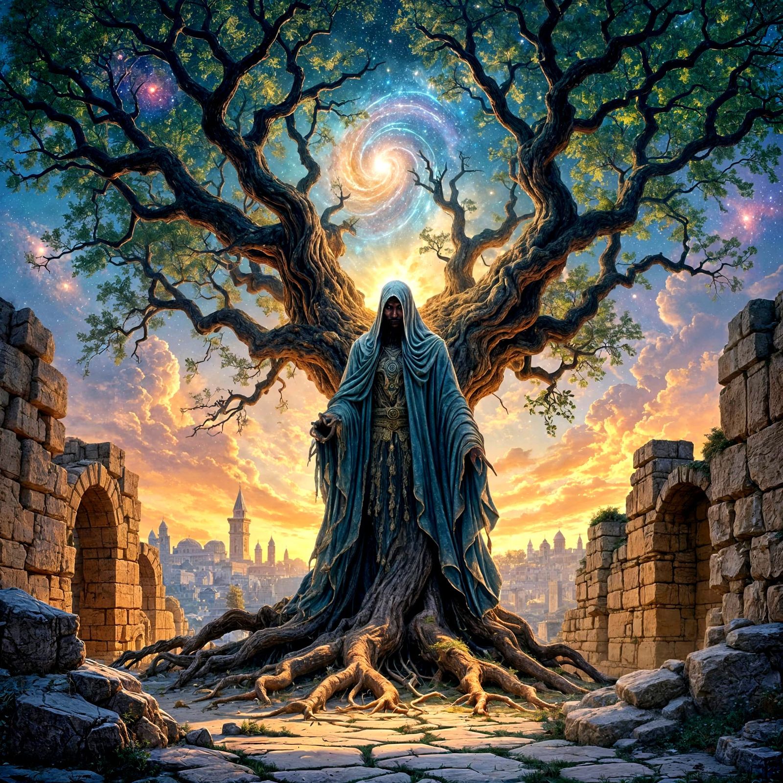 Ancient Jerusalem Tree Amidst Cosmic Sky