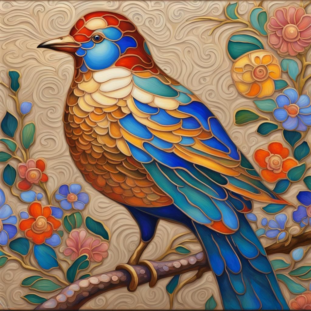 Ornate Bird Cloisonné in Gouache Watercolor Style