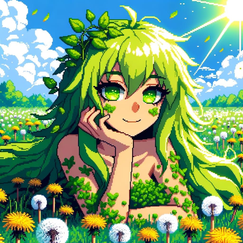 Lime Green Dryad Girl in Dandelion Field