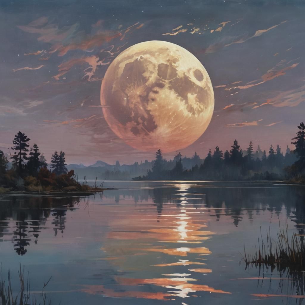 Epic Hunter's Moon Reflected in Serene Lake Waters, in Grand...
