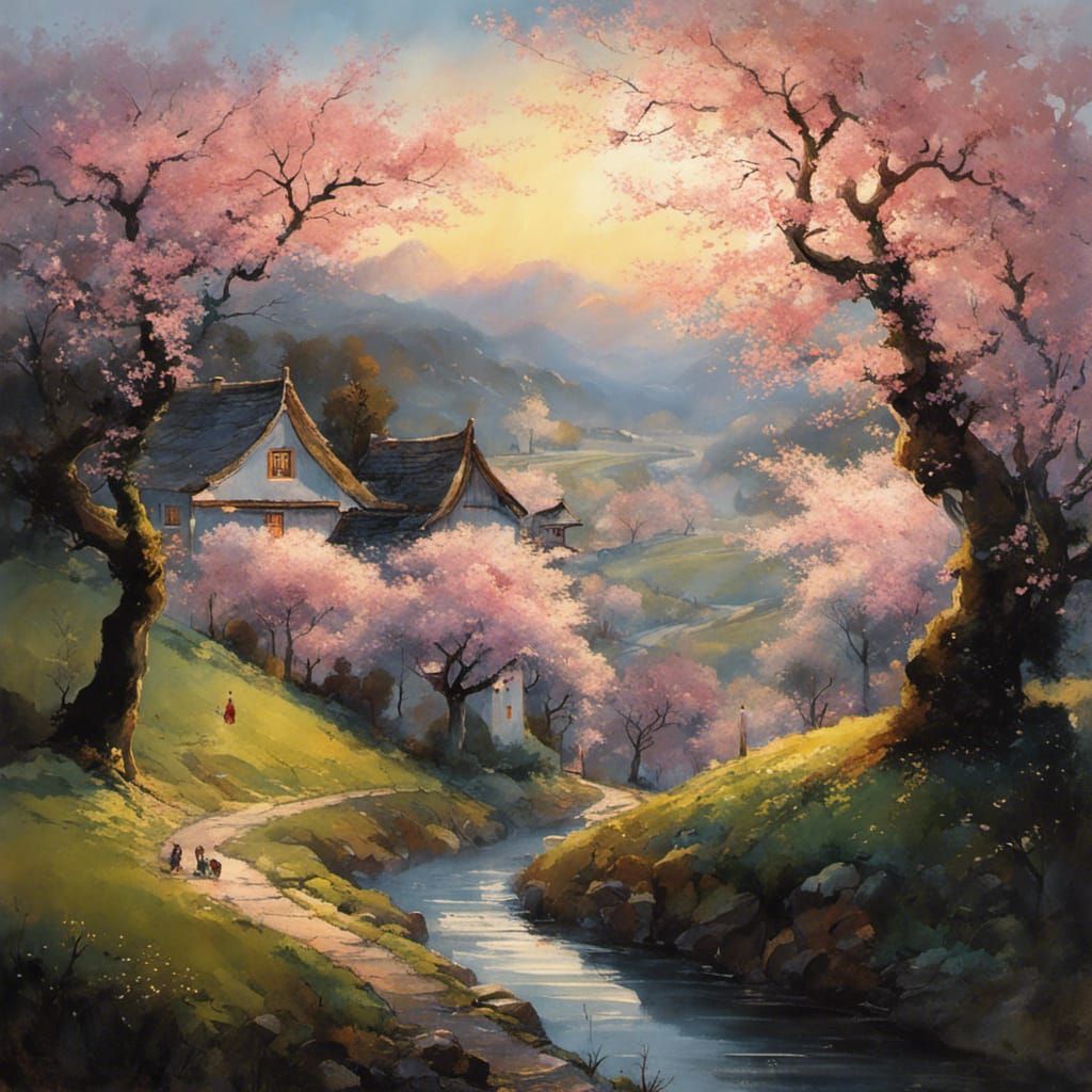 Cherry Blossom Valley at Dusk: Watercolor Painting