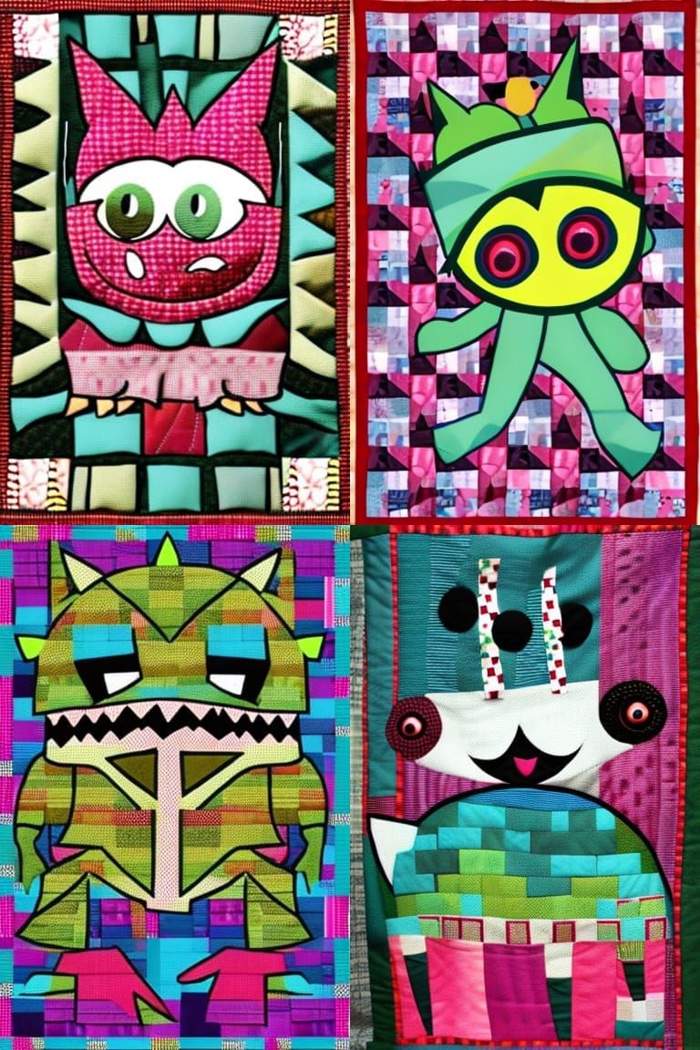 Playful Patchwork Quilt Monster Illustration