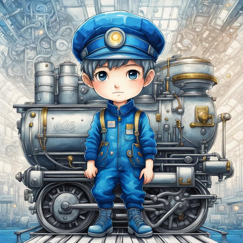 Cute Chibi Engine Driver Portrait in Anime Style