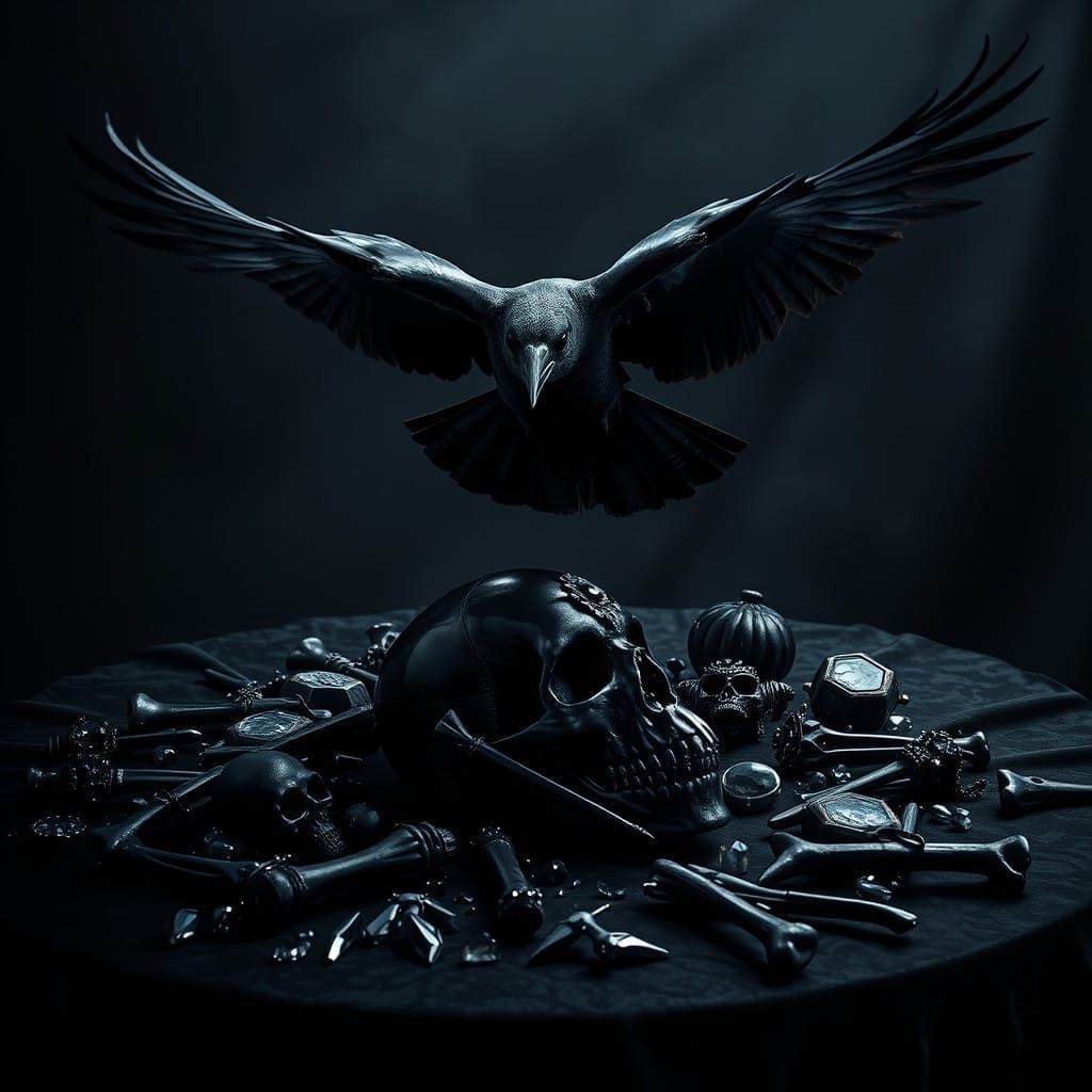 Mysterious Raven Soars Above Dark, Ethereal Scene