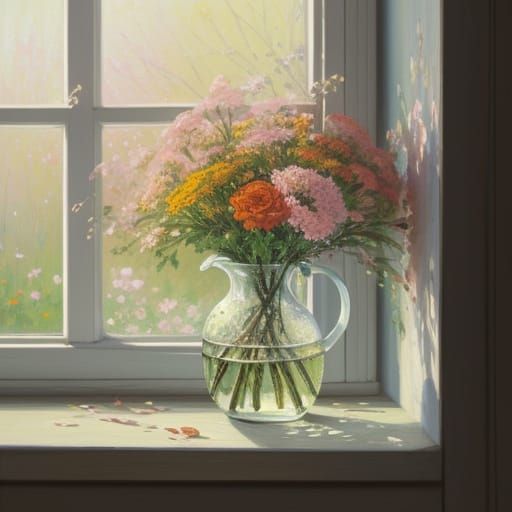 Vibrant Oil Painting of Flowers on Windowsill