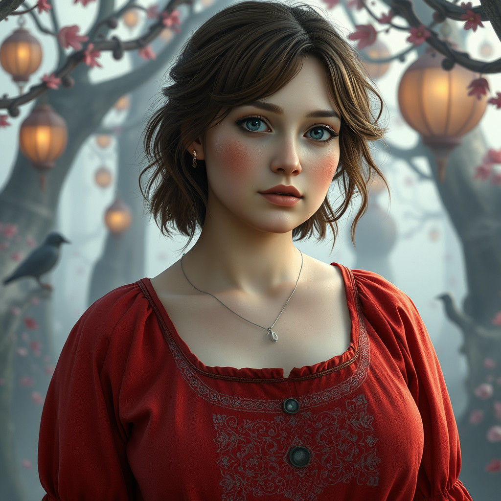 Enigmatic Fantasy Woman in Whimsical Landscape