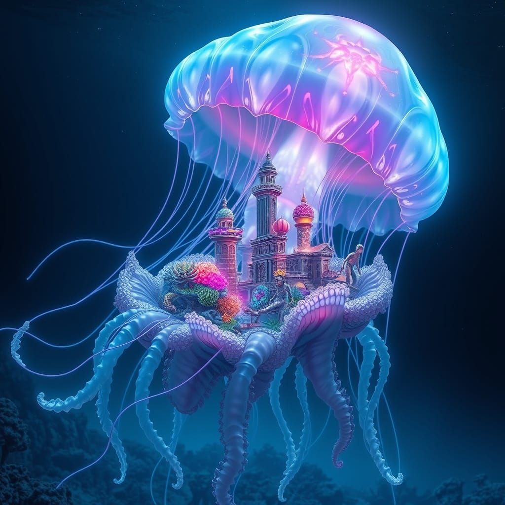 Bioluminescent Jellyfish City in Alien Ocean