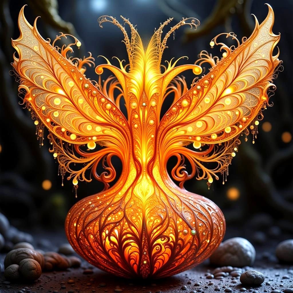 Intricate Glass Vase with Filigree Wings at Sunset