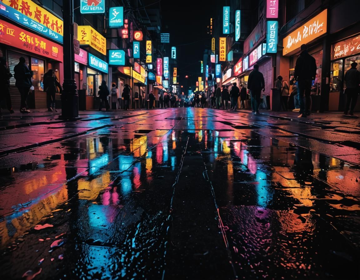 Neon Lights Glow in Dark City Street