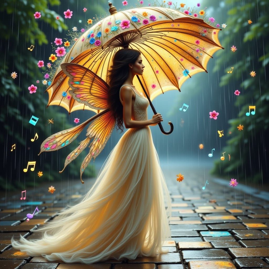 Iridescent Fairy Under Floral Umbrella in Rain