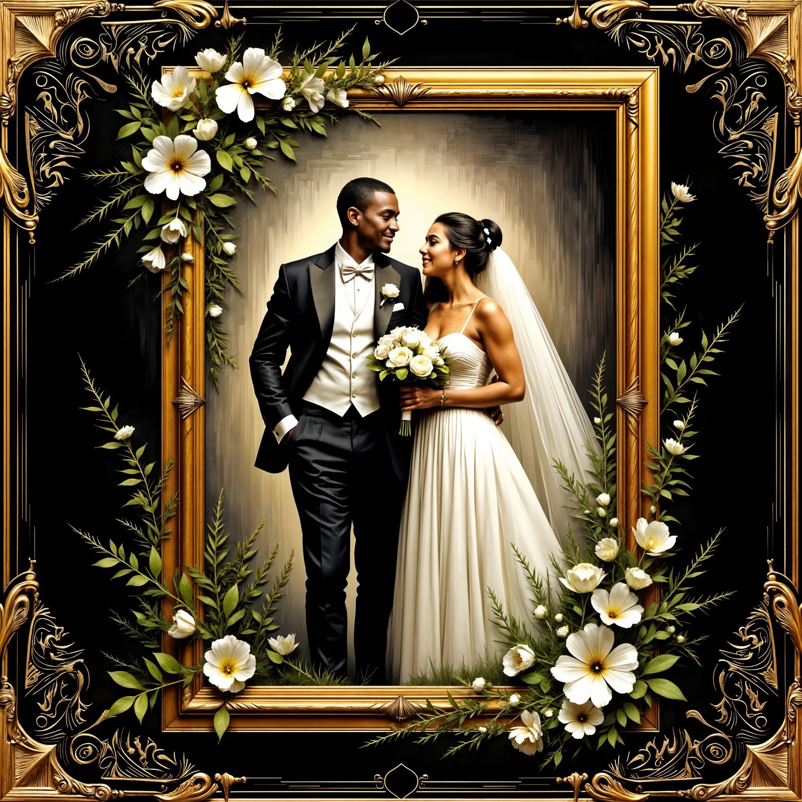 Ethereal Wedding Scene in Black and Gold Grid Art