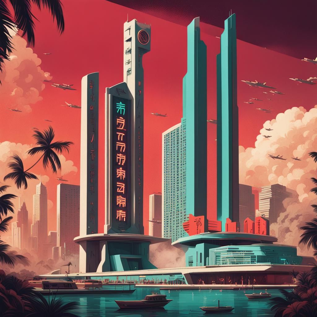 Miami Landmarks in Brutalist Propaganda Poster