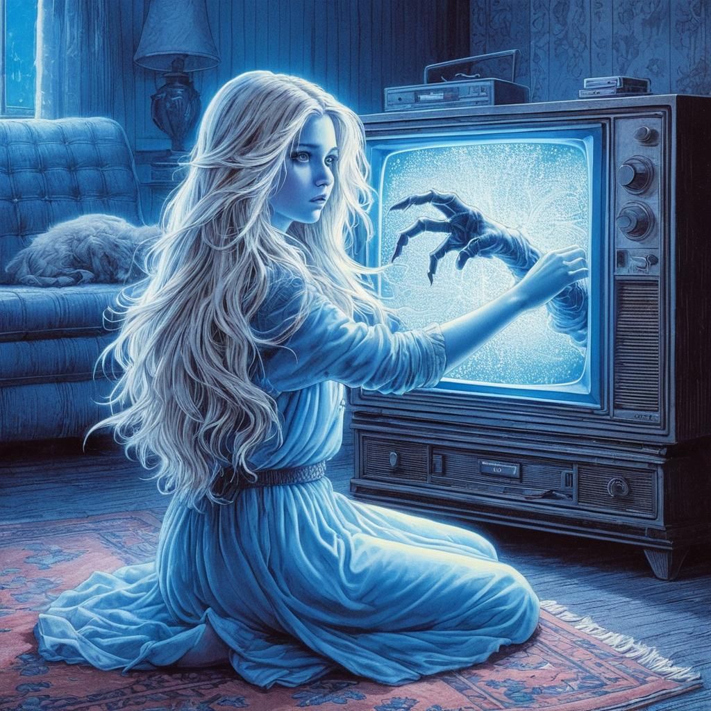 Eerie Girl and Ghostly Arm in 80s TV Static