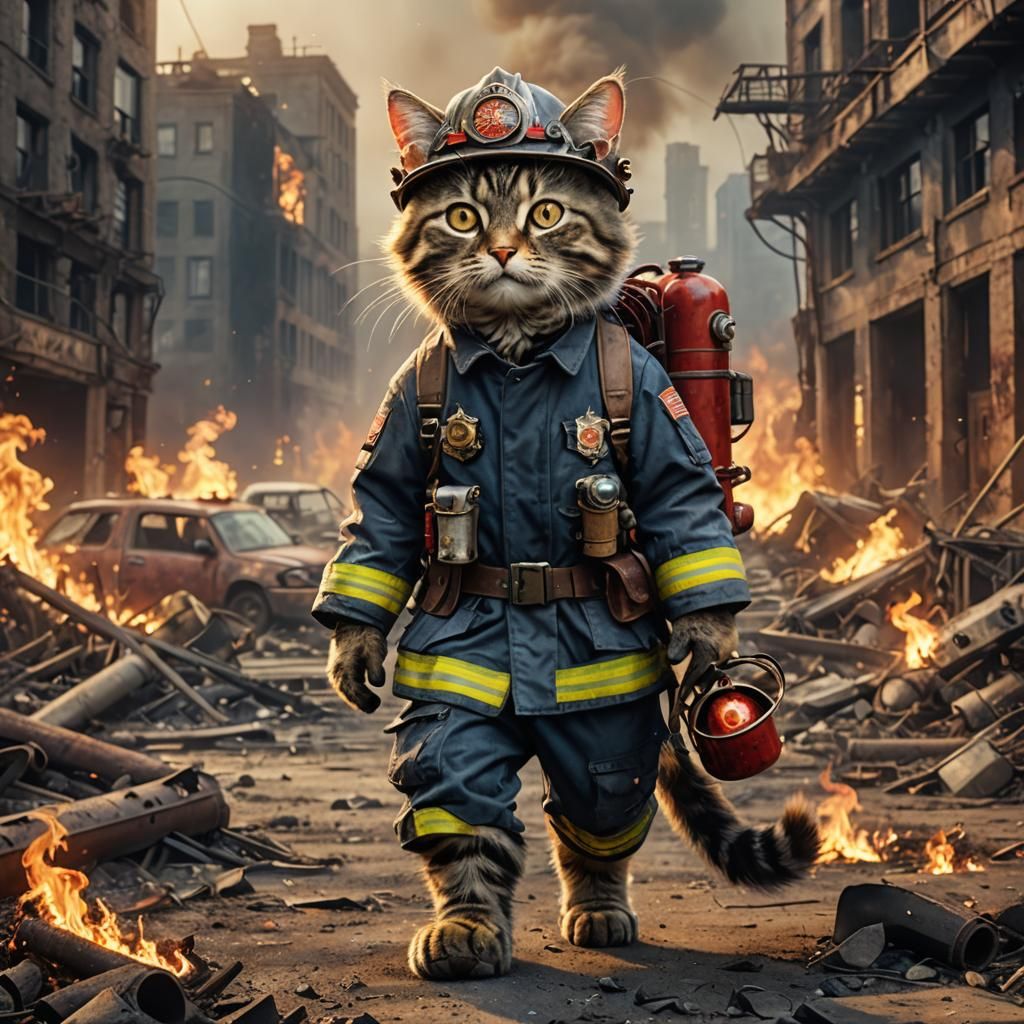 Cat Firefighter in Post-Apocalyptic City, Digital Illustrati...