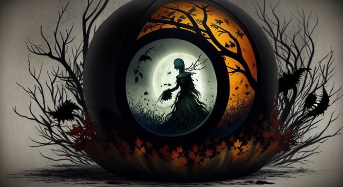 Halloween Ghoul Trapped in Glass Sphere: Ink Splatter Art