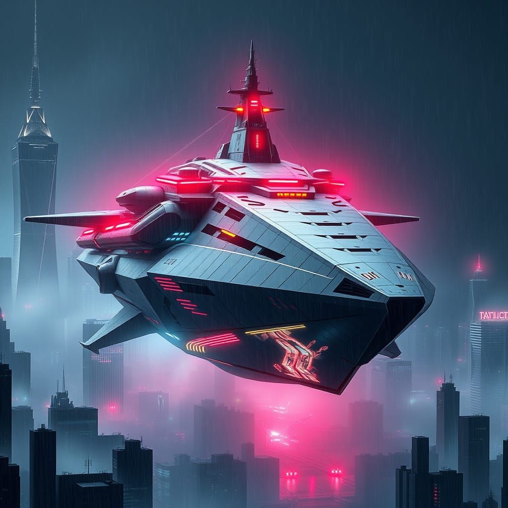 Futuristic Flying Hybrid Craft Dominates Dystopian Cityscape
