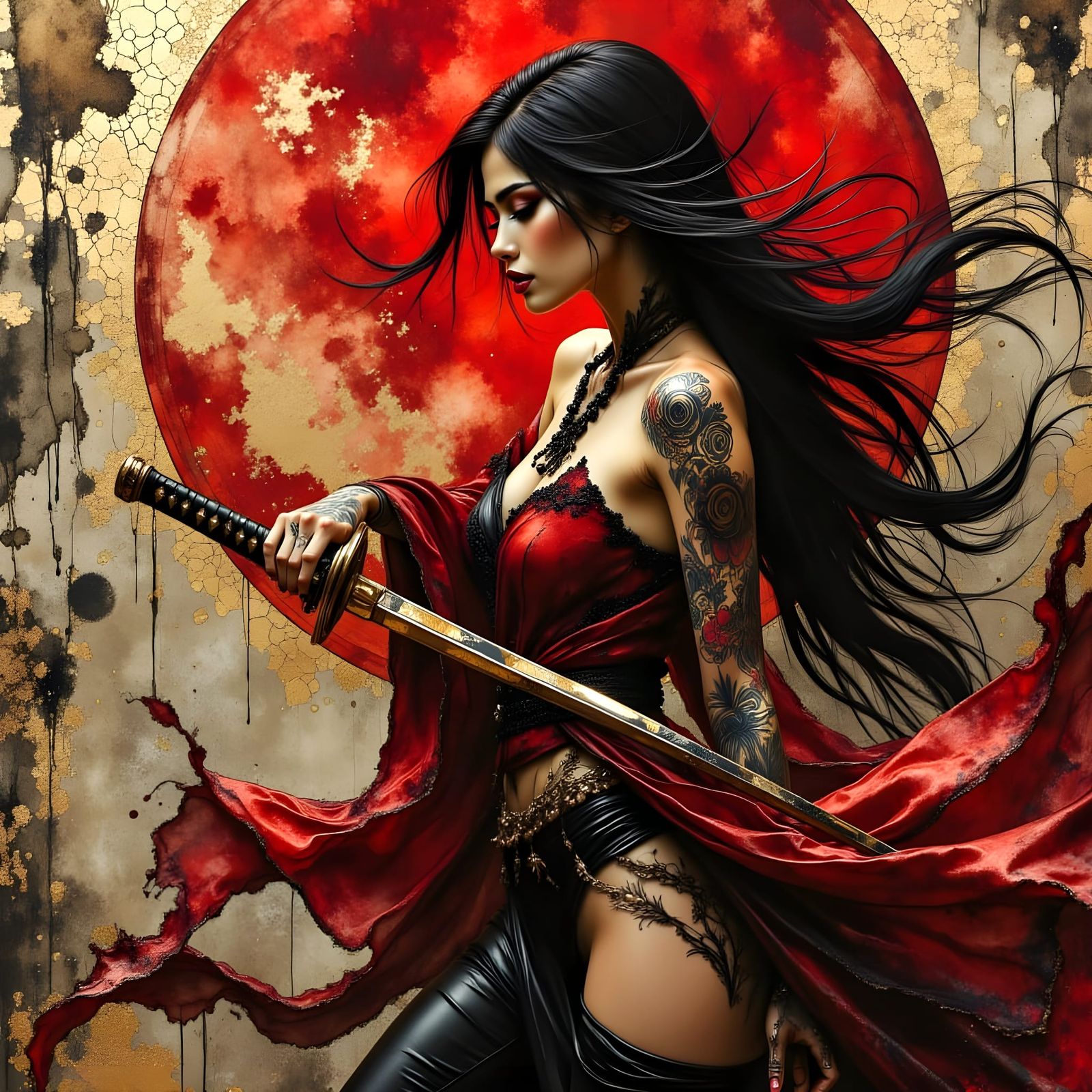 Sensual Japanese Warrior Woman in Oil Painting Style