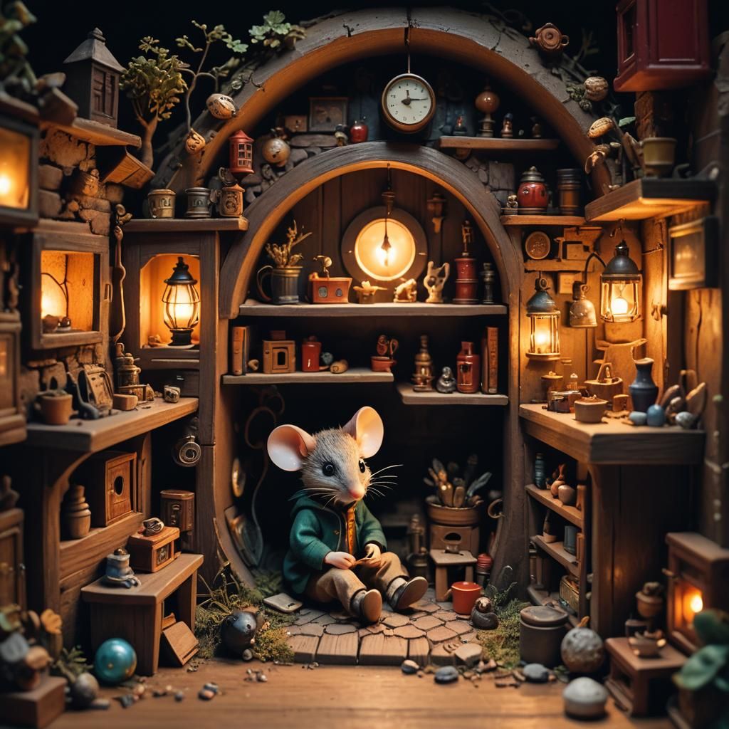 Hyperrealistic Miniature Boy in Mouse Hole Scene