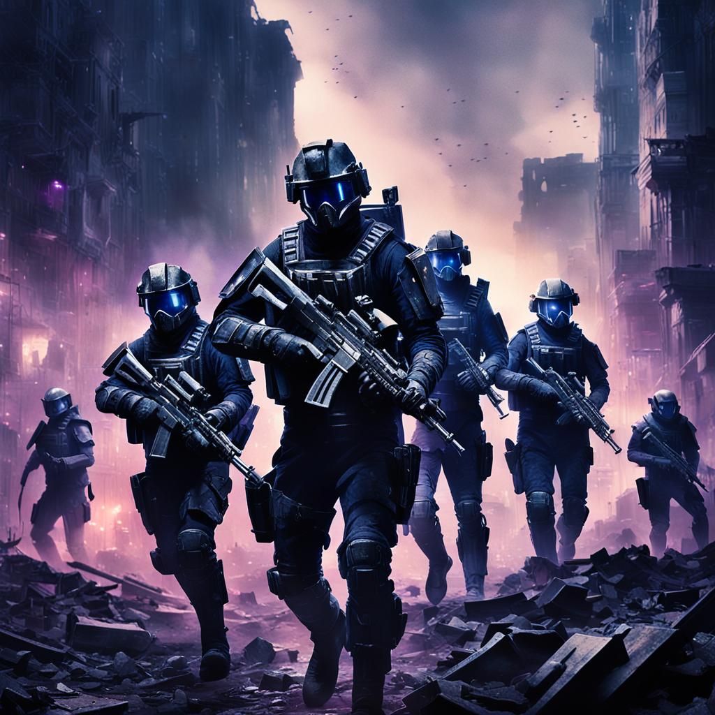 Elite Soldiers March Through Ruined Cityscape