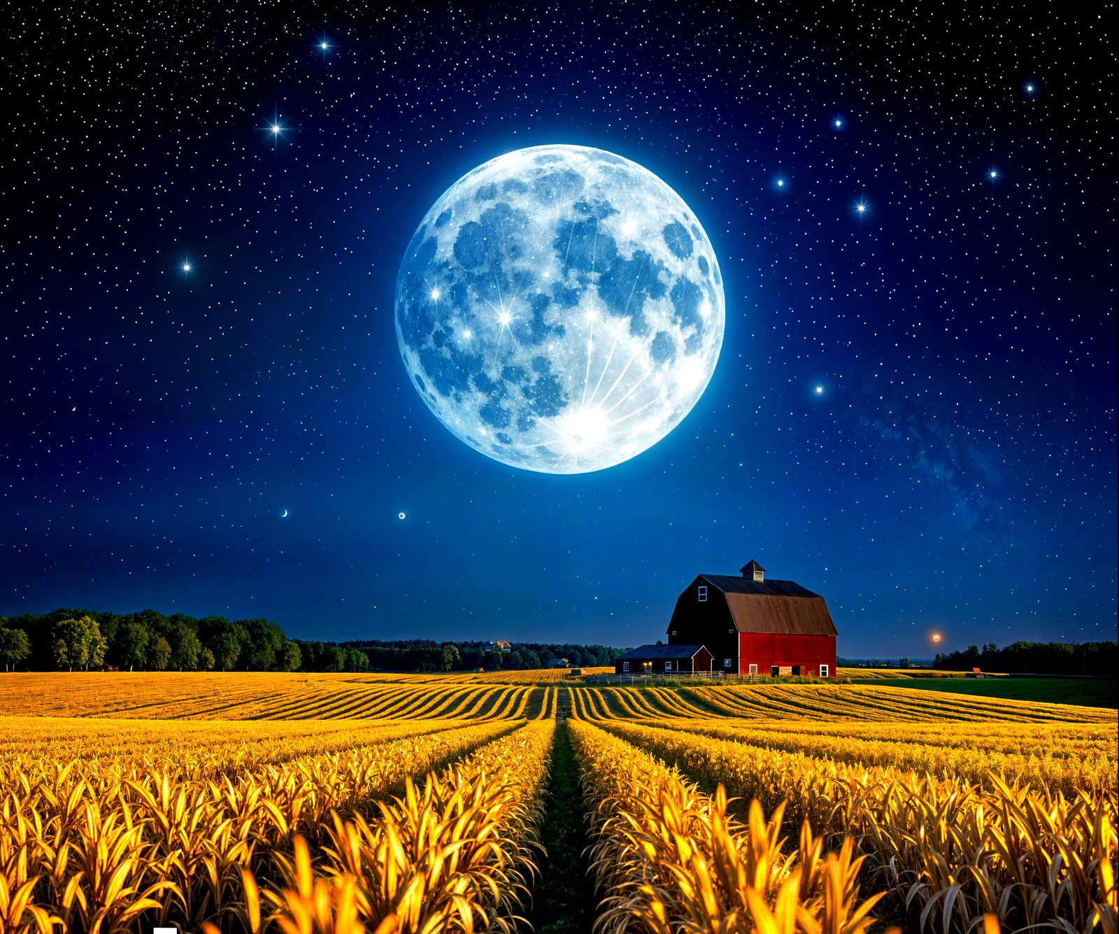 Night Sky With Harvest Moon Over Barn and Fields