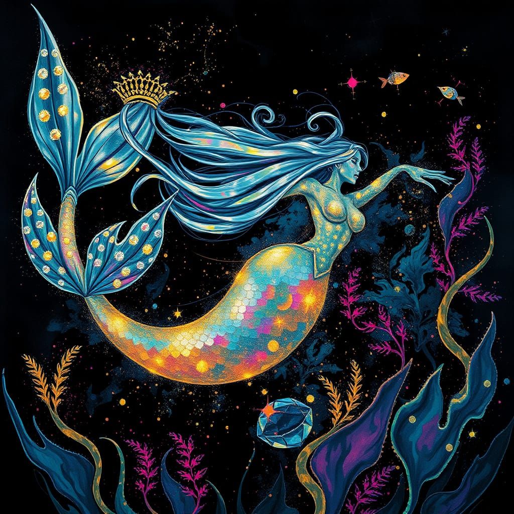 Mermaid in Glittering, Iridescent Hues, as Impasto Painting