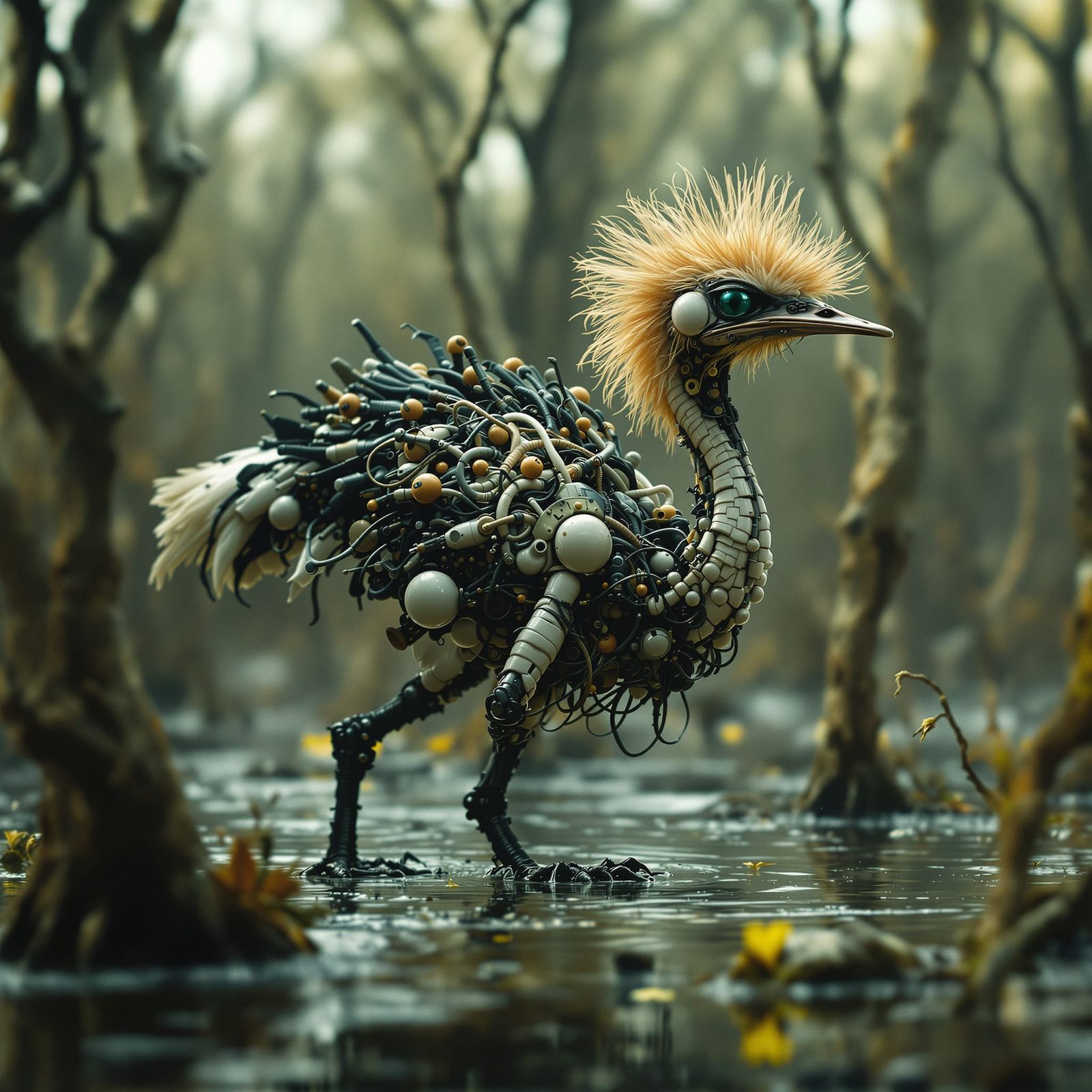 Surreal Bio-Mechanical Ostrich in Swamp Landscape