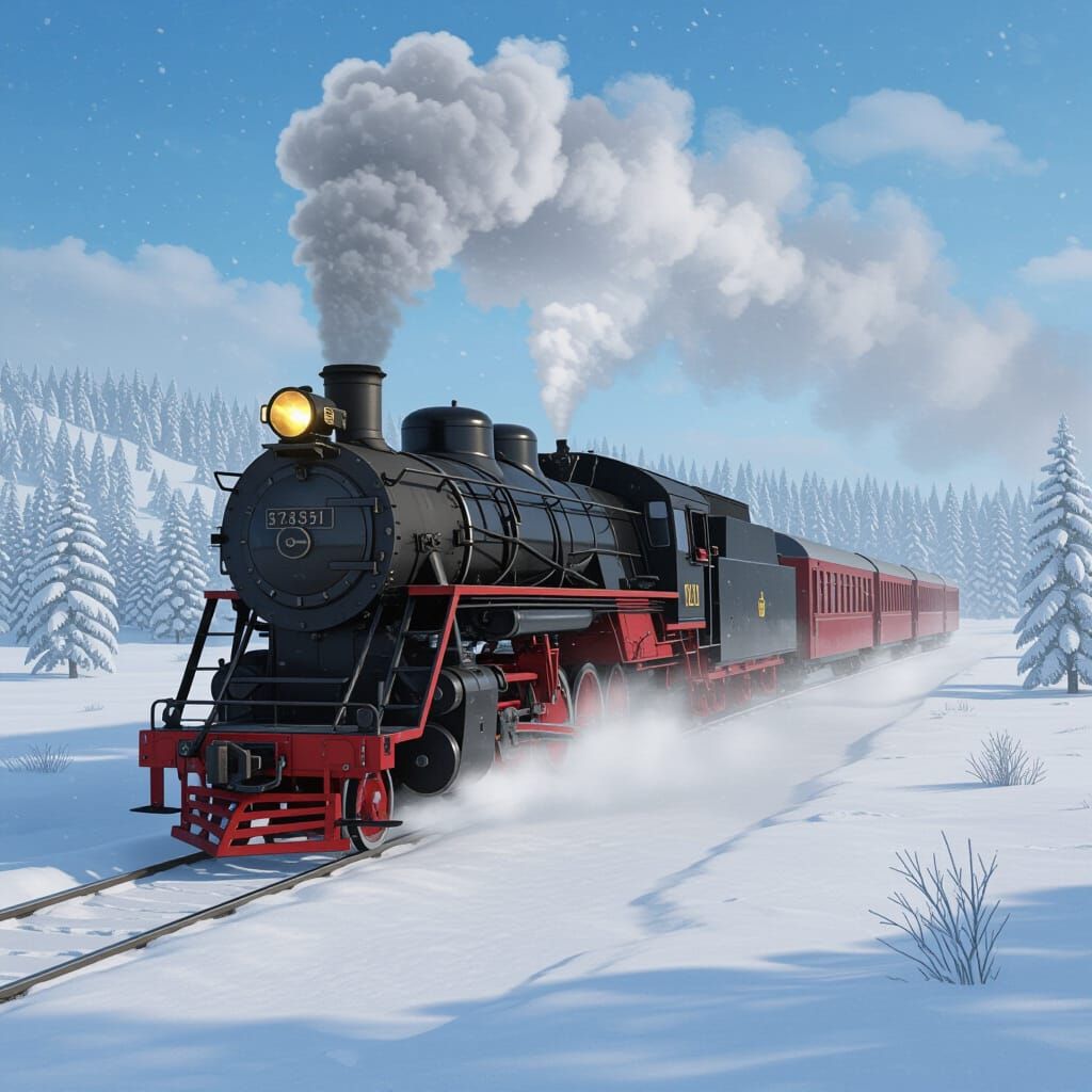 Hyperdetailed Steam Locomotive in Snowy Winter Landscape
