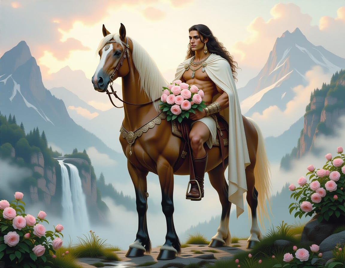 Handsome Centaur with Roses in Hyper-Realistic Style