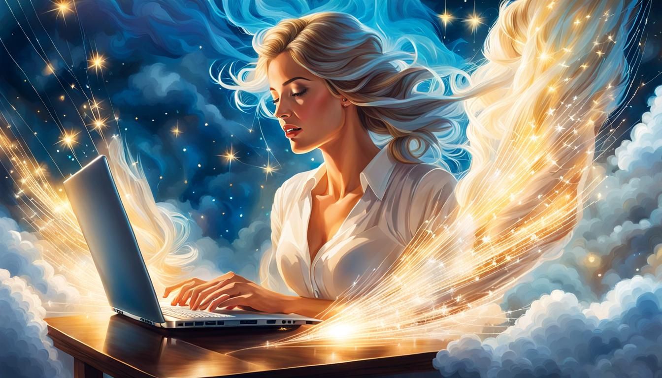 Woman's Desk Rides Clouds with Birds in Digital Art