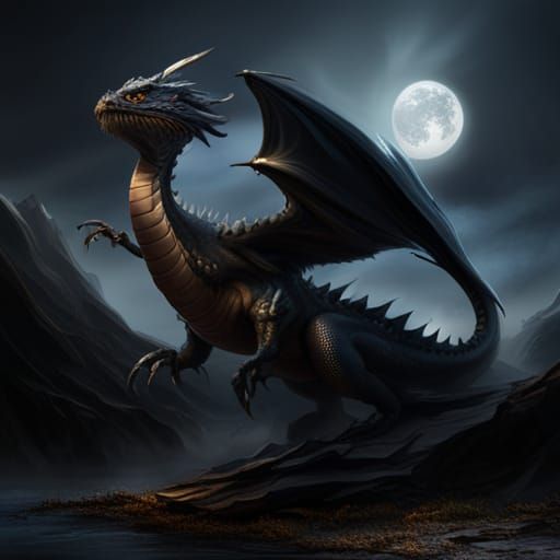 Detailed Black Winged Dragon Fantasy Concept Art