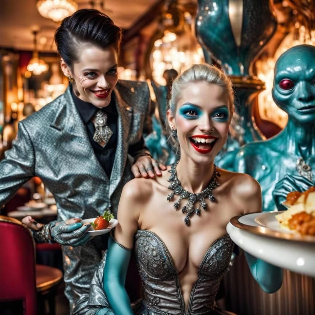 Surreal Restaurant Scene with Aliens in Professional Photogr...