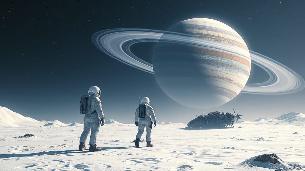 Astronaut on Snowy Planet Gazing at Gas Giant
