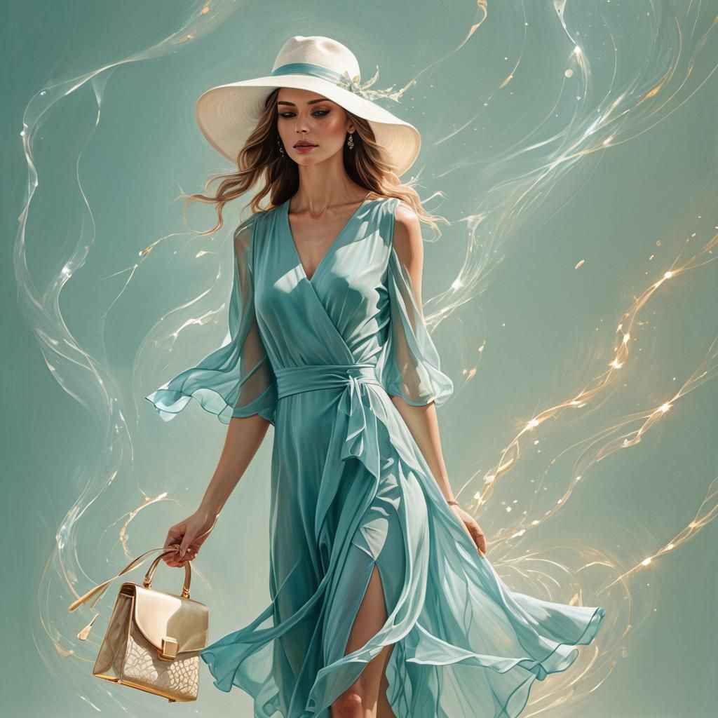 Elegant Woman in Aquamarine Dress with Laser Lights