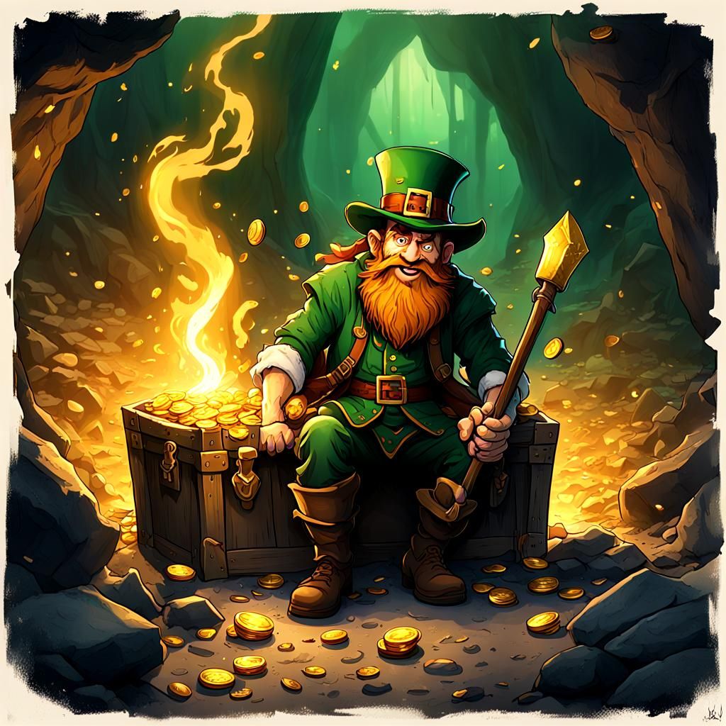 Angry Leprechaun in Gold-Filled Cave: Dark Fantasy Art