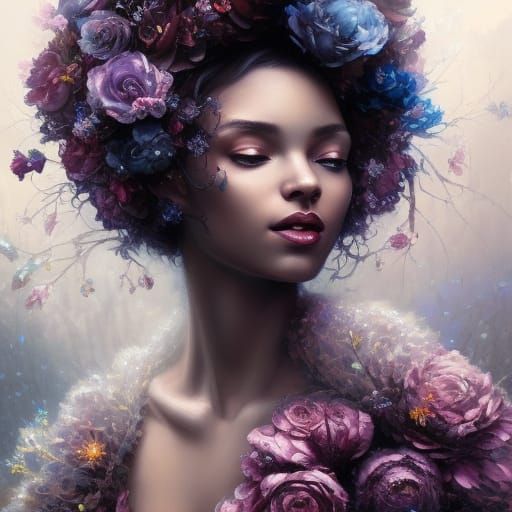 Black Woman with Floral Dress, Detailed Digital Art