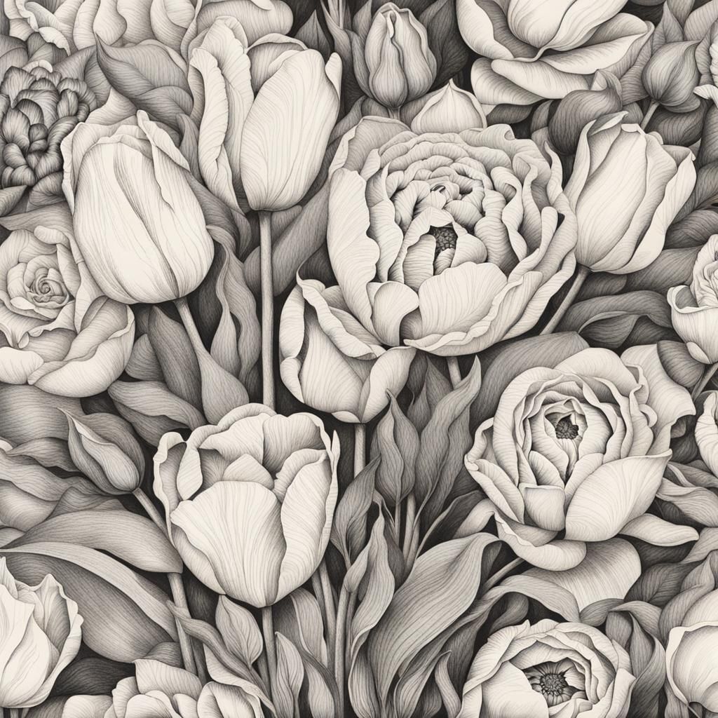Botanical Ink Drawing: Tulips and Roses Bouquet
