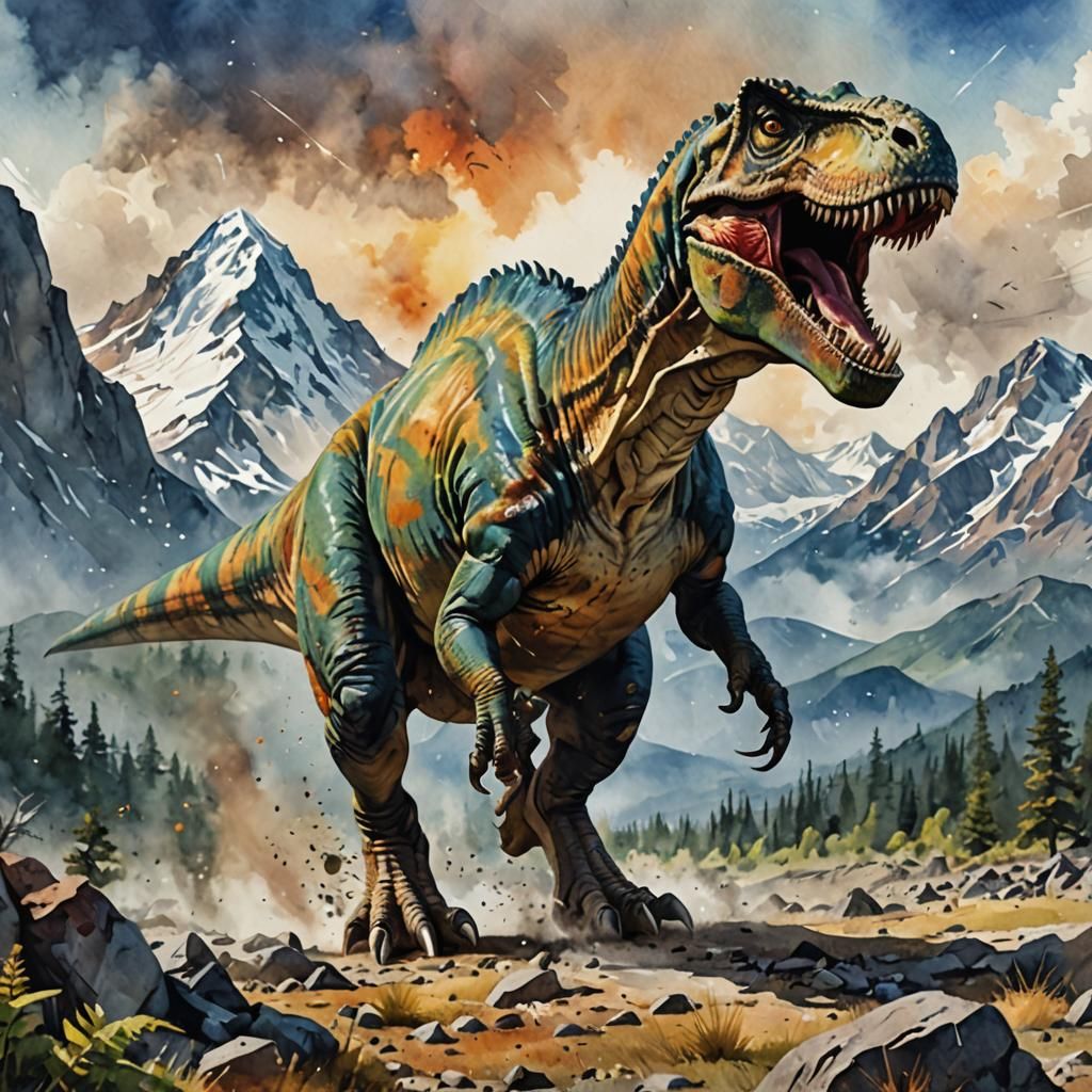 Tyrannosaurus Rex in Watercolor Prehistoric Landscape
