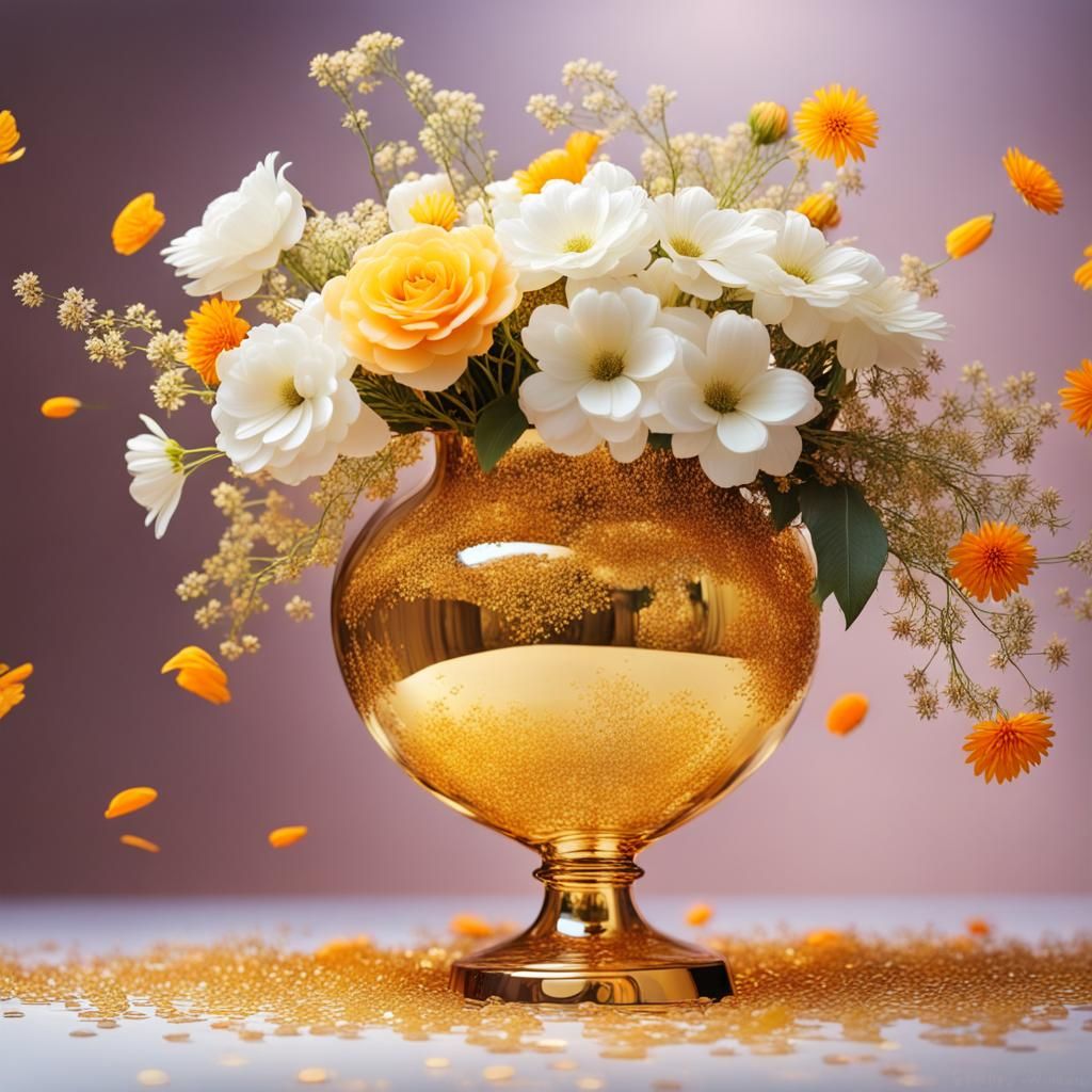Golden Vase Surrounded by Flowers
